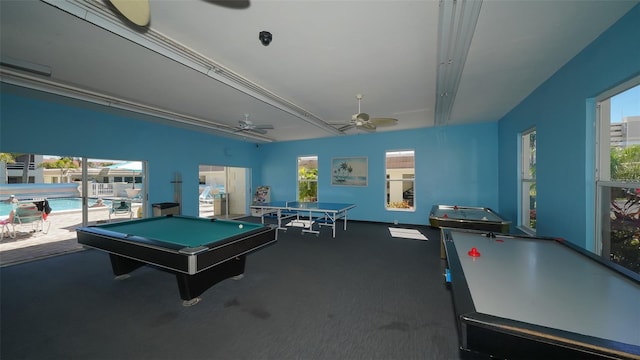 playroom with pool table, ceiling fan, and carpet