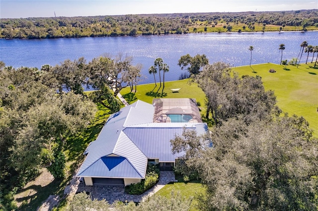 drone / aerial view with a water view