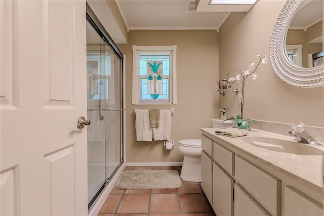 bathroom with toilet, tile patterned flooring, an enclosed shower, crown molding, and vanity