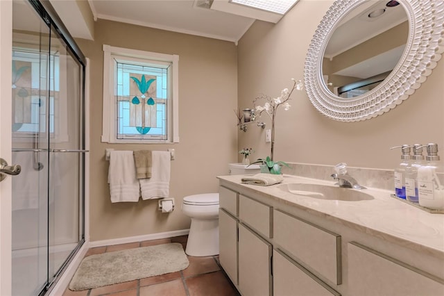 bathroom featuring walk in shower, vanity, tile patterned floors, and toilet