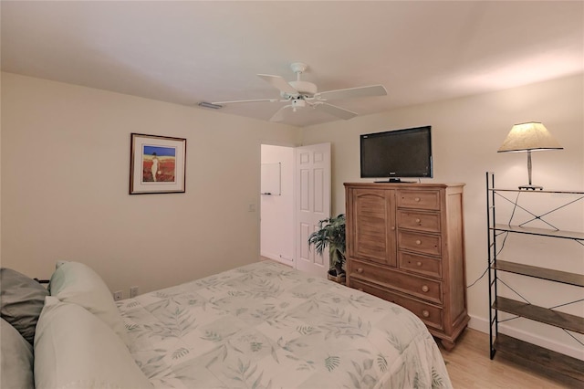 bedroom featuring ceiling fan and light wood-type flooring