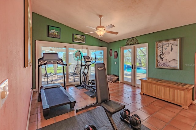 workout room with light tile patterned floors, ceiling fan, lofted ceiling, french doors, and radiator heating unit