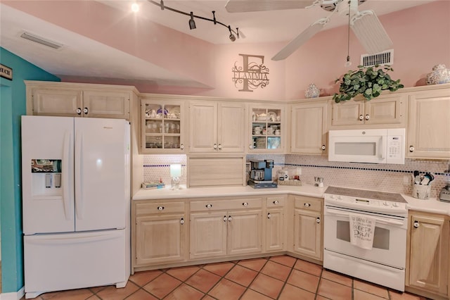 kitchen with ceiling fan, light tile patterned floors, backsplash, and white appliances