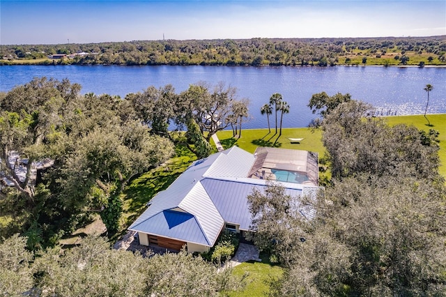 drone / aerial view featuring a water view