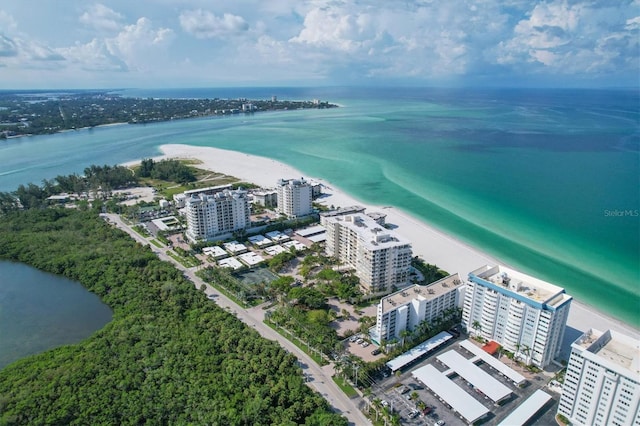 aerial view with a water view and a view of the beach