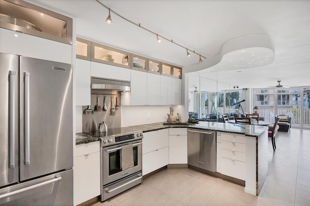 kitchen featuring dark stone counters, white cabinetry, ventilation hood, and appliances with stainless steel finishes