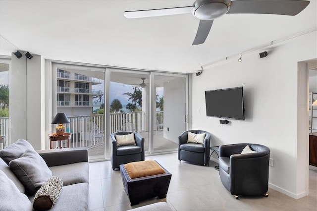 living room featuring a wall of windows