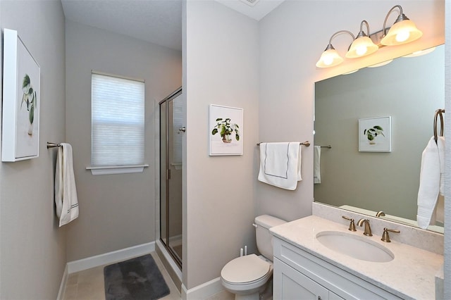 bathroom featuring a shower with door, toilet, vanity, and tile patterned flooring