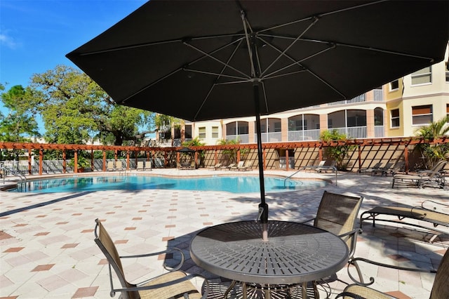 view of swimming pool featuring a patio