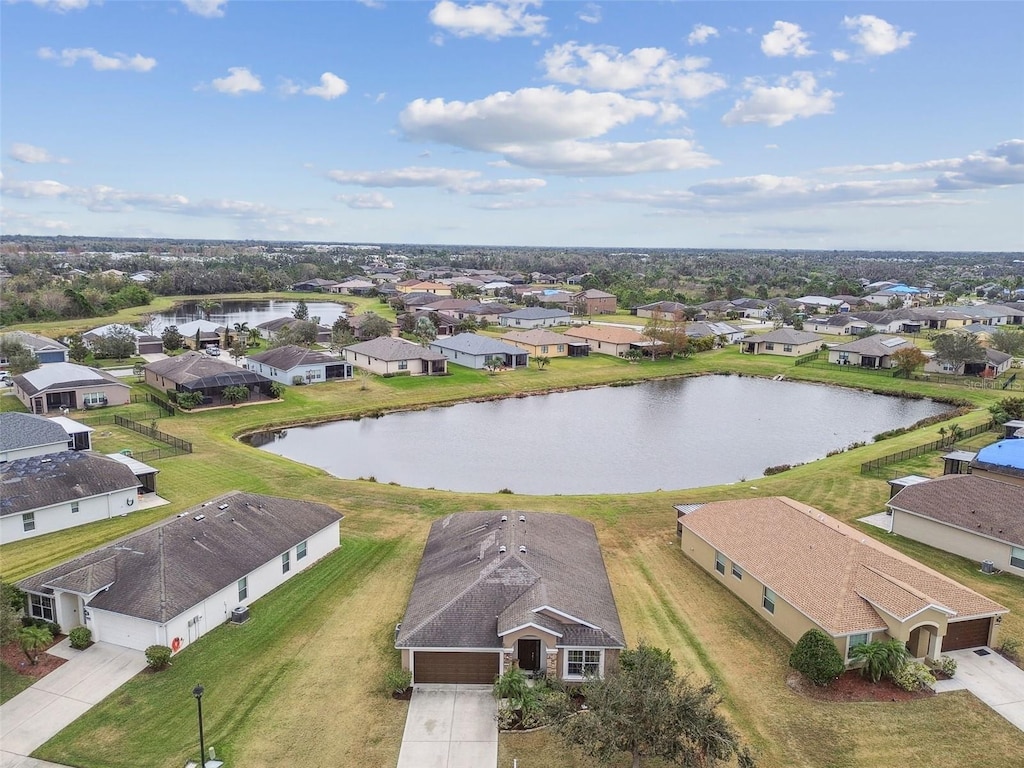 drone / aerial view with a residential view and a water view