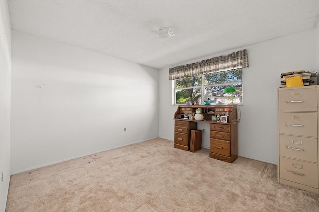 carpeted home office featuring a textured ceiling