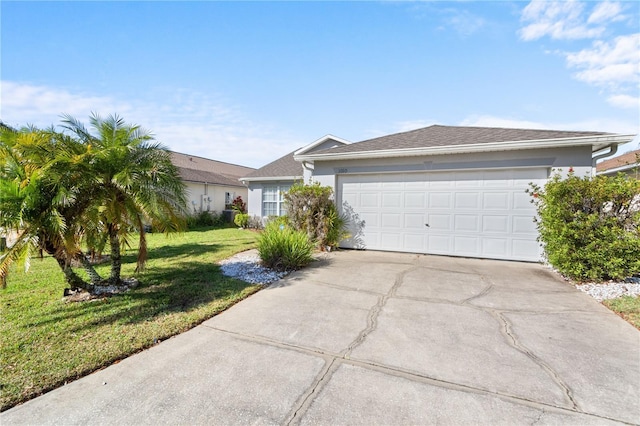 single story home with a front yard and a garage