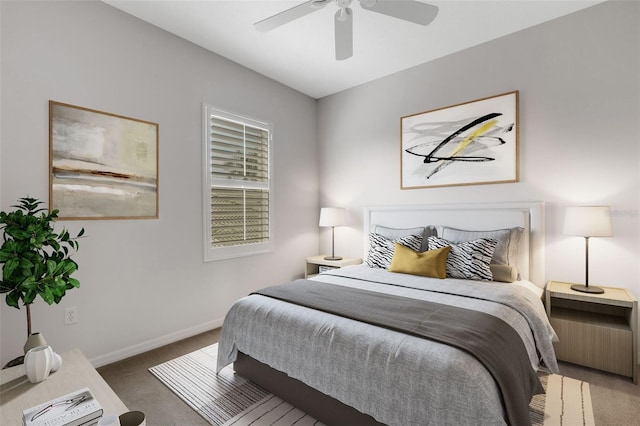 bedroom featuring ceiling fan and carpet floors