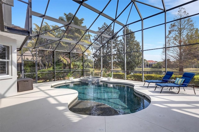 view of swimming pool with a patio area, glass enclosure, and an in ground hot tub