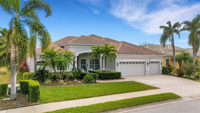 mediterranean / spanish-style house featuring a front lawn and a garage