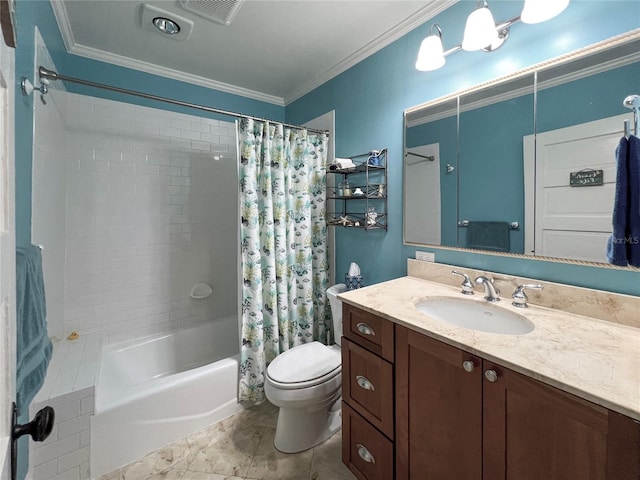 full bathroom with ornamental molding, shower / tub combo with curtain, vanity, and toilet