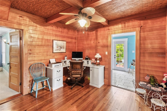 home office with wood walls, light wood-type flooring, beam ceiling, and ceiling fan