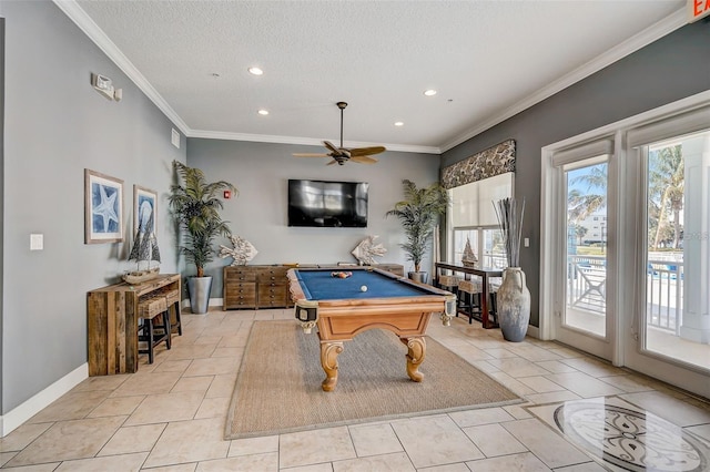 game room featuring baseboards, ornamental molding, a textured ceiling, and pool table