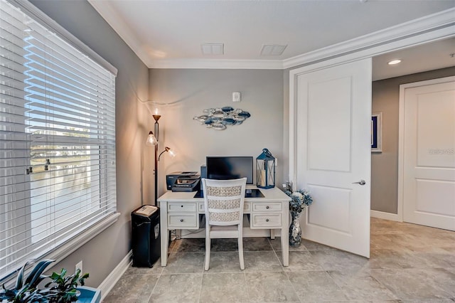 office with baseboards and crown molding