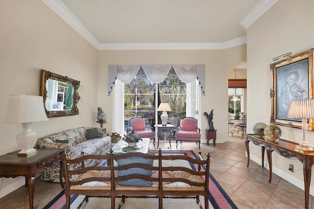 interior space with ornamental molding and light tile patterned flooring