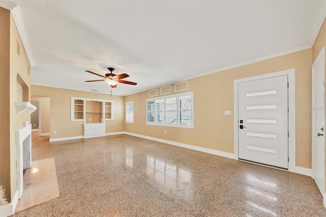 unfurnished living room with ceiling fan and ornamental molding