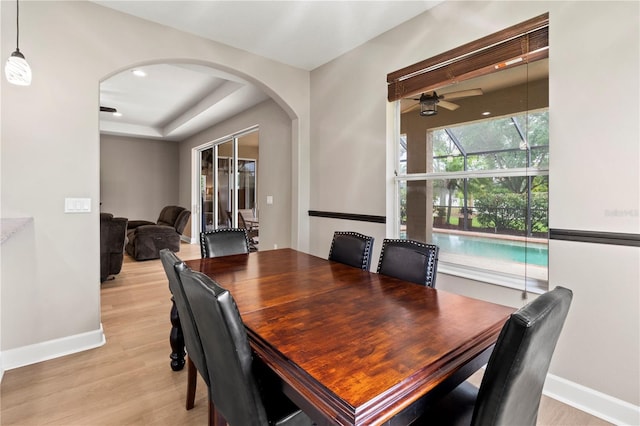 dining room with ceiling fan and light hardwood / wood-style flooring