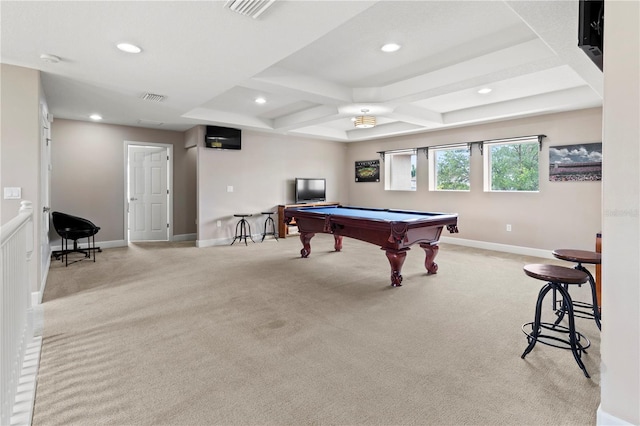 game room with light carpet, beam ceiling, pool table, and coffered ceiling