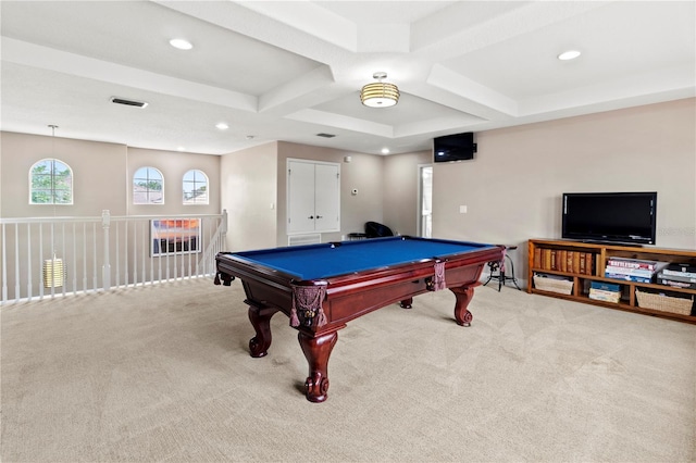 recreation room with light carpet, pool table, and coffered ceiling