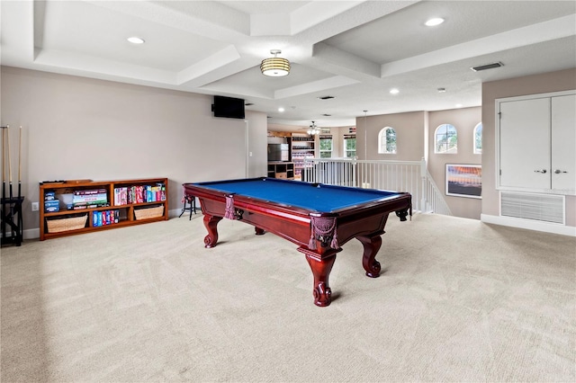 recreation room featuring pool table, light carpet, and coffered ceiling