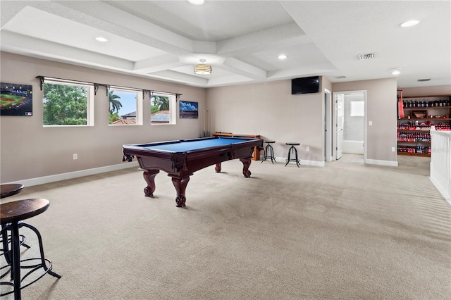 game room with pool table, light colored carpet, bar area, beam ceiling, and coffered ceiling