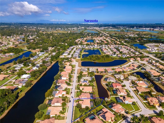 aerial view featuring a water view