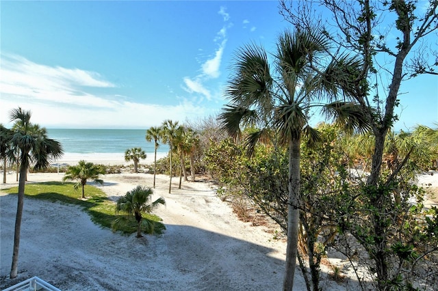 view of water feature with a beach view