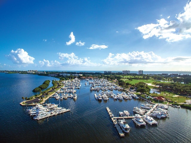 aerial view featuring a water view