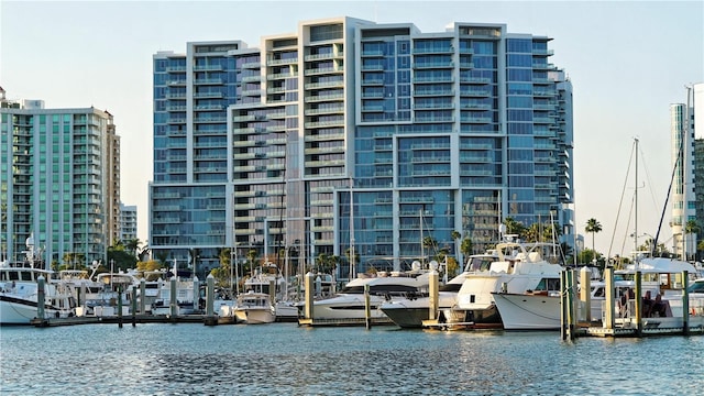 view of building exterior featuring a water view