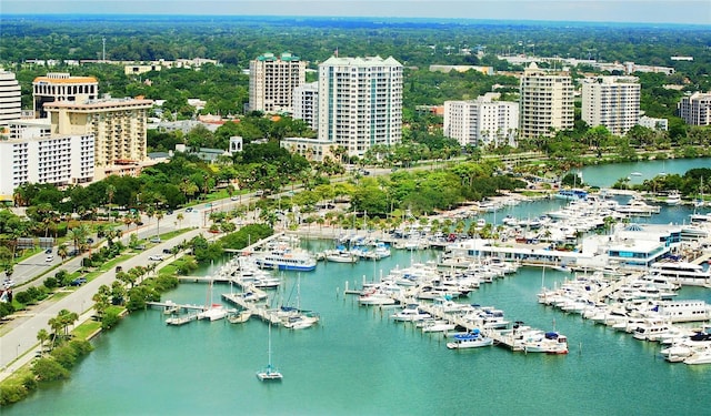 aerial view featuring a water view