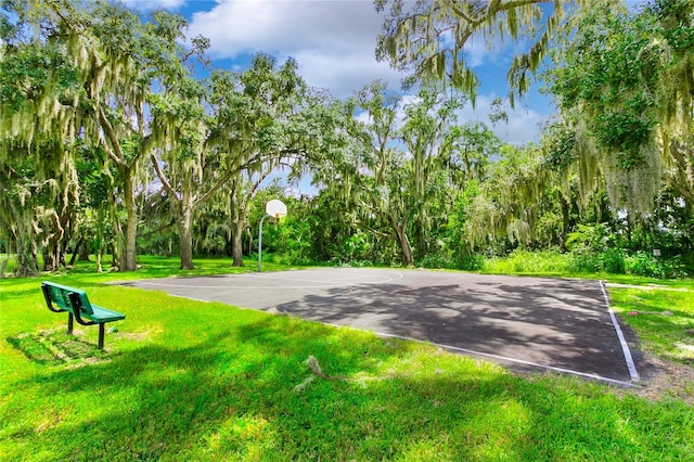 view of property's community with a lawn and basketball court