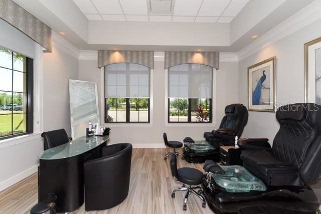 miscellaneous room with a drop ceiling, light hardwood / wood-style floors, and a tray ceiling