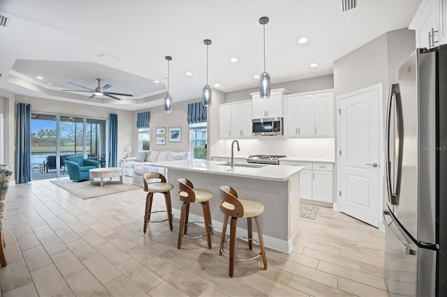 kitchen with stainless steel appliances, a kitchen island with sink, and white cabinets