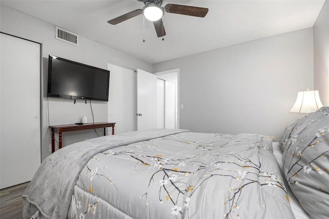 bedroom featuring ceiling fan and wood-type flooring