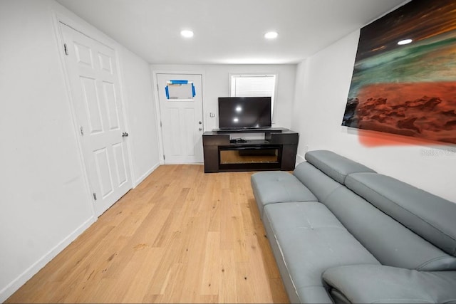 living room with a fireplace and light wood-type flooring
