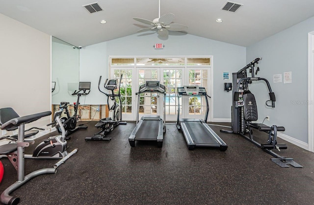 exercise room featuring ceiling fan, french doors, and vaulted ceiling