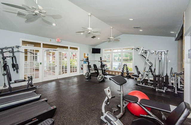 gym featuring ceiling fan, french doors, and lofted ceiling