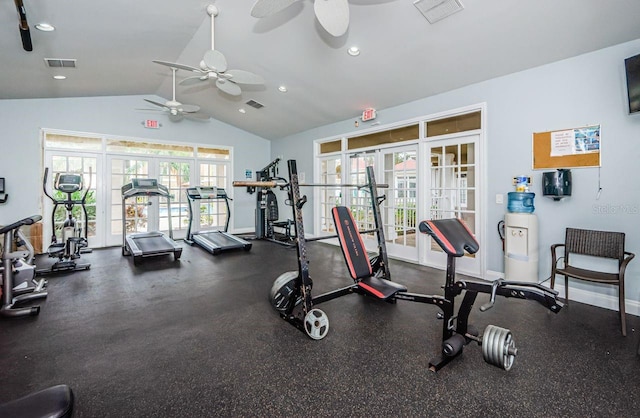 workout area with ceiling fan, french doors, and vaulted ceiling