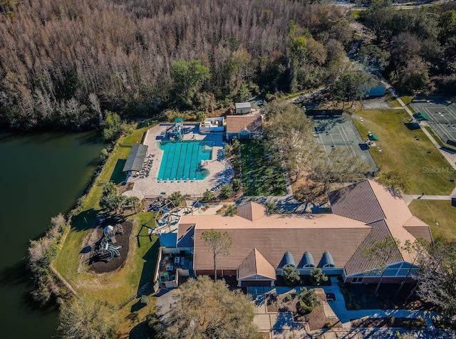 drone / aerial view with a water view