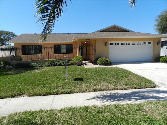 ranch-style home with a garage, fence, concrete driveway, stucco siding, and a front lawn