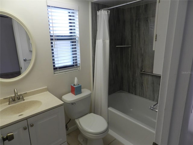 bathroom with toilet, shower / bath combination with curtain, and vanity