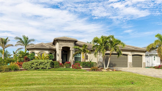 mediterranean / spanish-style home featuring a front lawn and a garage