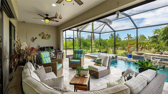 view of patio with an outdoor hangout area, a lanai, a pool with hot tub, ceiling fan, and pool water feature