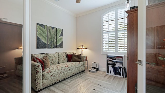 living room featuring light parquet floors and crown molding