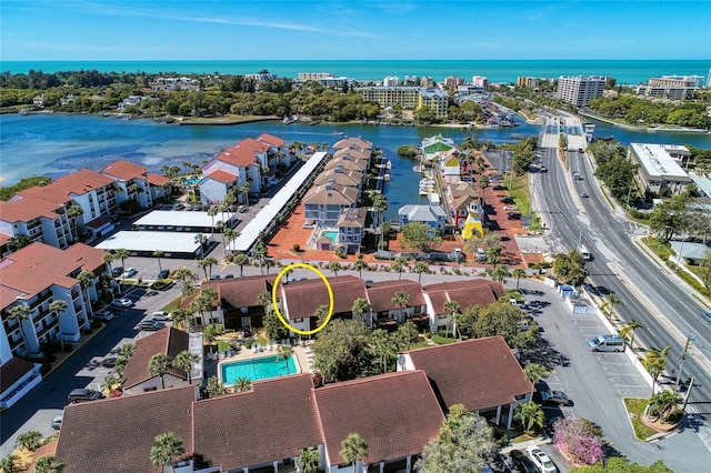 aerial view featuring a water view